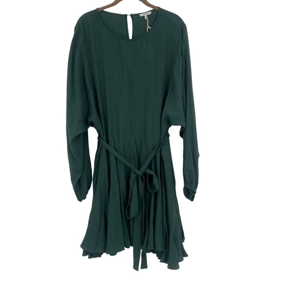 Jodifl Size Large Green Tiered Dress Ruffle Long Sleeve Dress Tie Waist Belt NWT